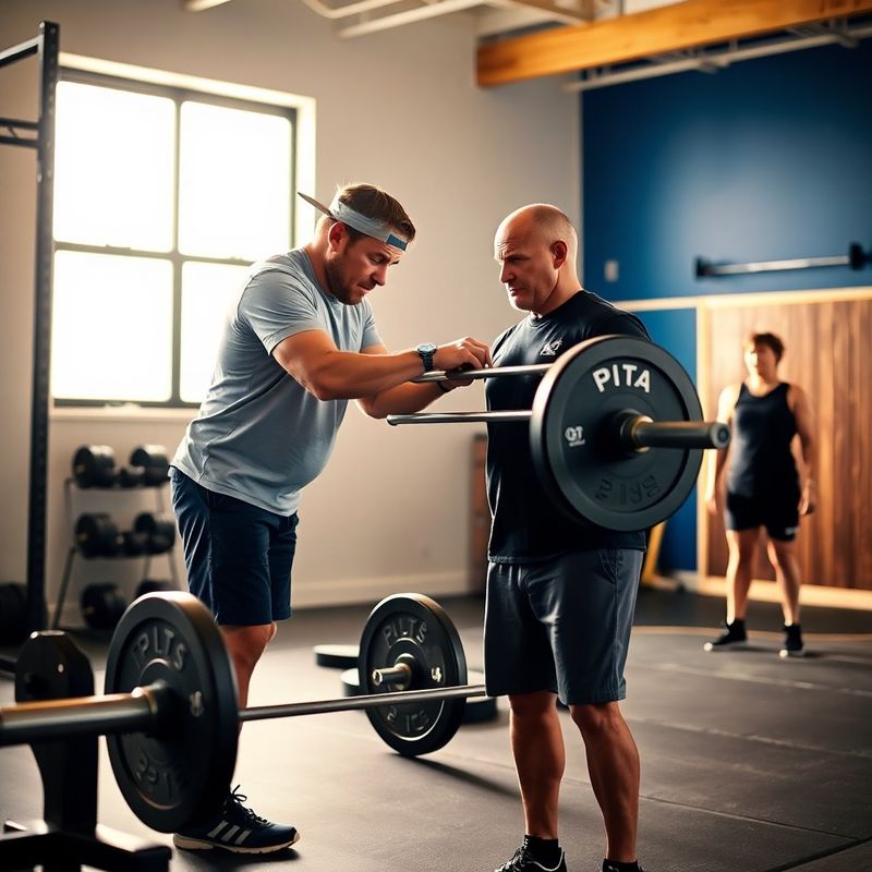 Coach correcting a member's deadlift setup in a small-group class