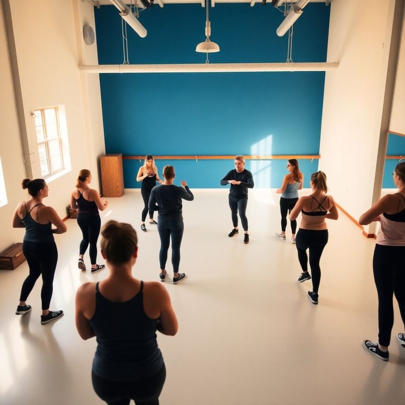 Small group of fourteen members mid-class with coach cueing movement at the front