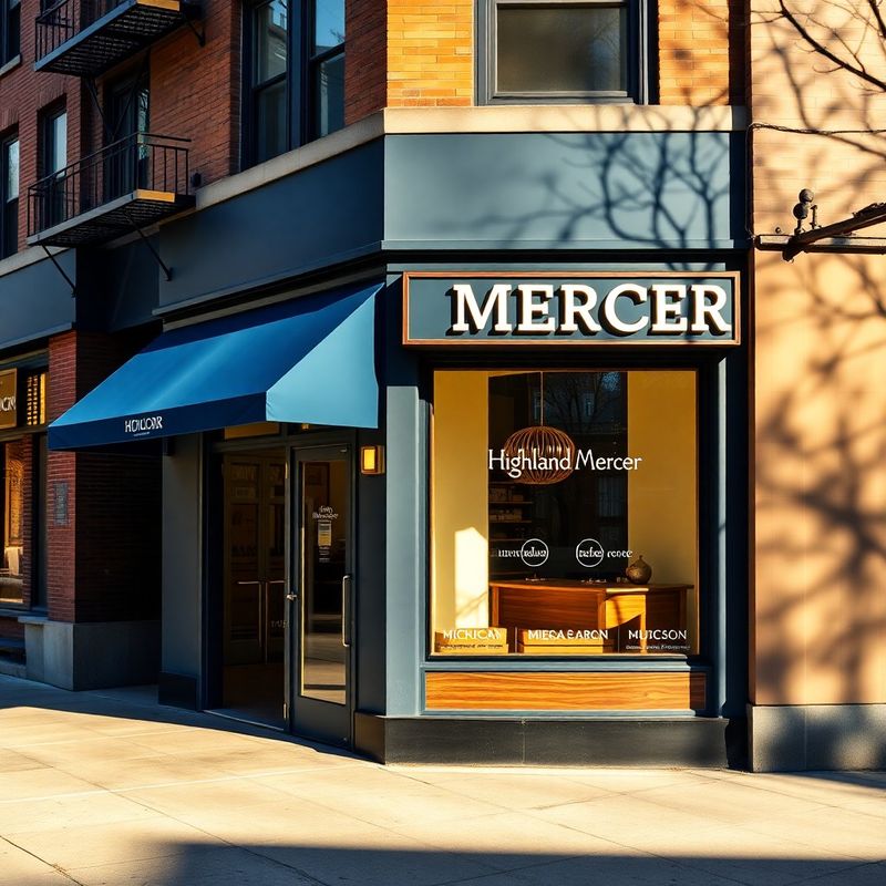 Exterior of Highland Mercer storefront with ink-blue awning on Milwaukee Avenue