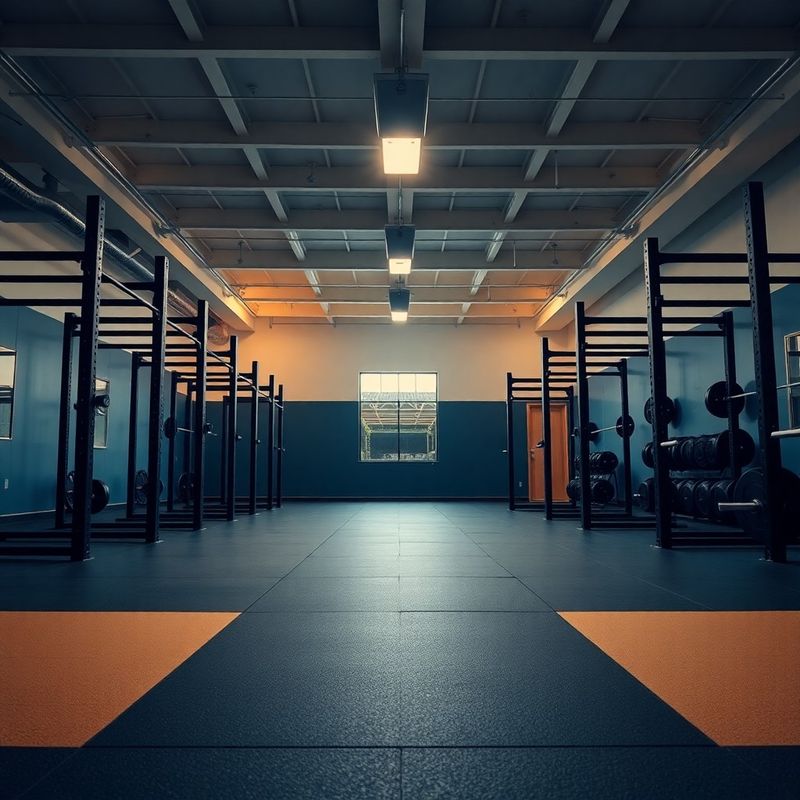 Open lifting floor at Highland Mercer with squat racks in warm directional light