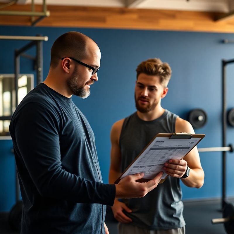 Coach and member reviewing a periodized training plan on a clipboard